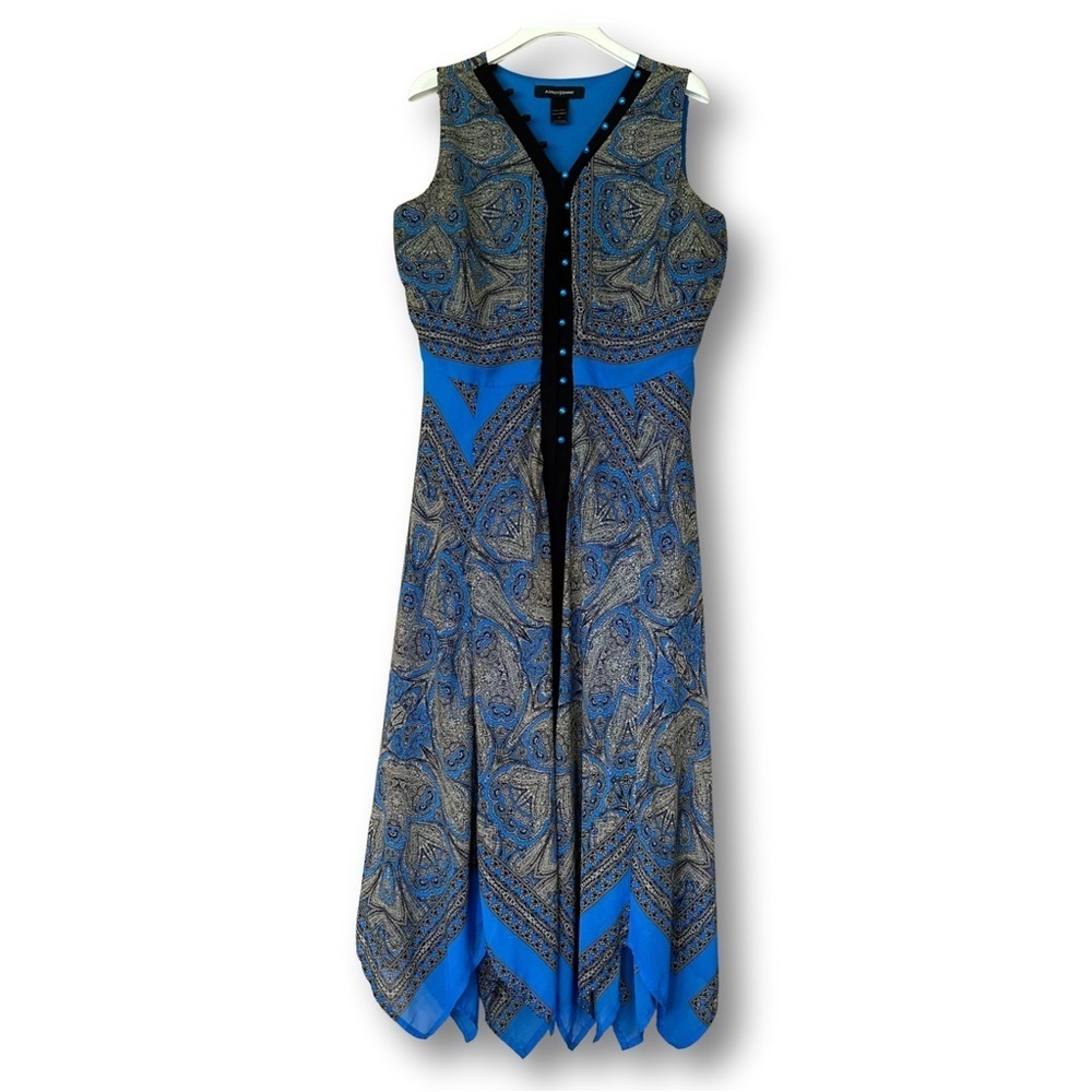 Ashley Stewart Maxi Dress Women 14 Handkerchief Blue Paisley Preppy Long Modest